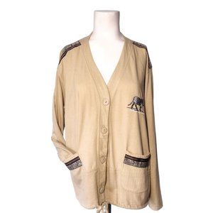 Aftershock Zebra Button Up Cardigan Size 1X Vtg Embroidered Beige Pockets Safari